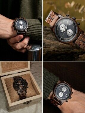 BOBO BIRD Wooden Chronograph Watch Men’s 44mm Natural Wood Quartz Watch Gift Box